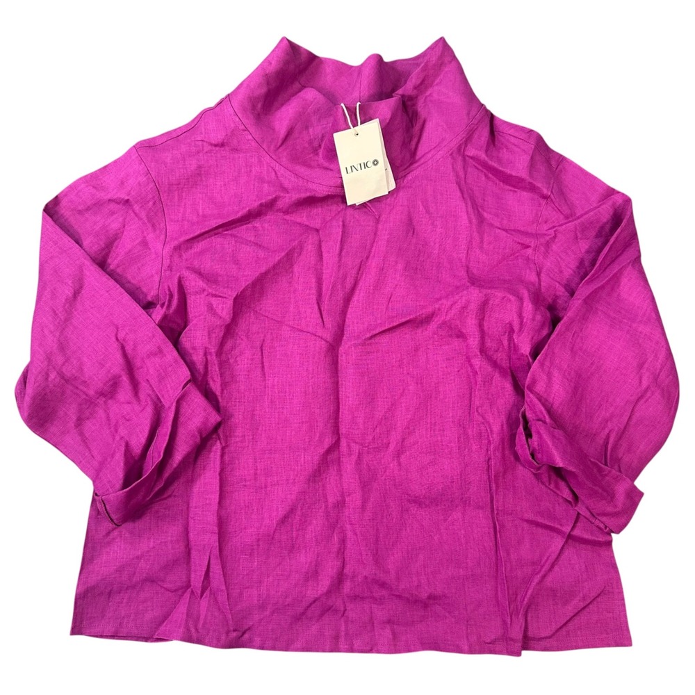 LINTICO Women Mock Neck Magenta 100% Linen 3/4 Sleeve Top Size S